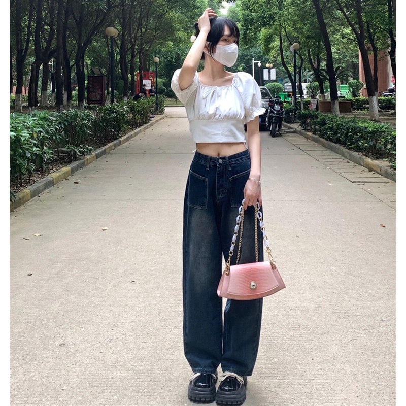 Quần jeans XIAOZHAINV ống rộng lưng cao thời trang mùa hè phong cách vintage
