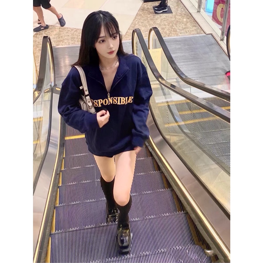 Áo sweater nữ - Áo nỉ nữ cổ khóa dáng rộng xanh than Responsible tay bồng, áo Hoodie phong cách Ulzzang - HANHAN SHOP