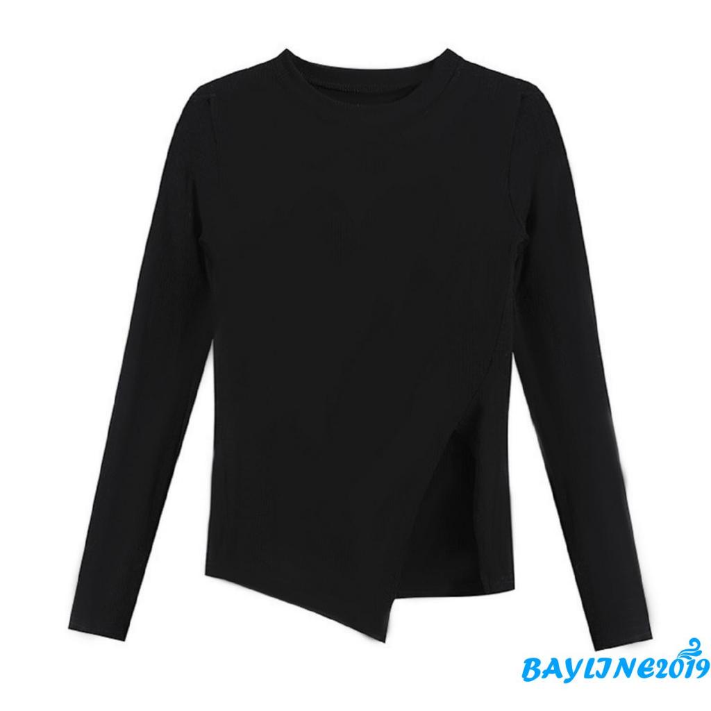 Áo thun tay dài cổ tròn màu sắc đơn giản dành cho nữ