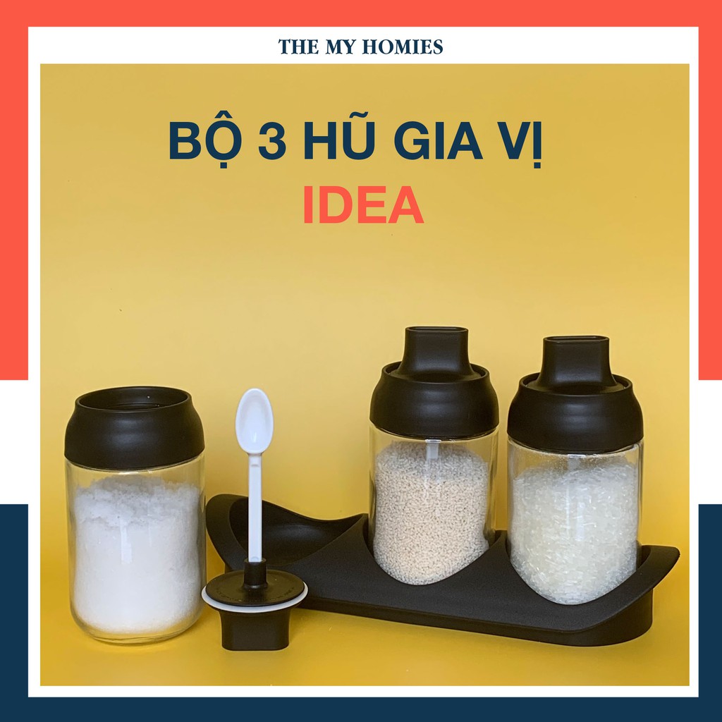 Bộ 3 Hũ đựng gia vị TẶNG KHAY ĐỰNG Lọ thủy tinh đựng gia vị IDEA kèm thìa