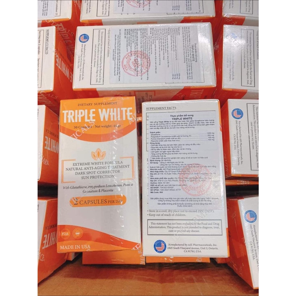 Viên Uống Trắng Da Triple White USA Glutathione 1200mg,Triết xuất Lá Cây Dương Xỉ 350mg,Lựu Đỏ 100mg,Nhau Thai Cừu 100mg