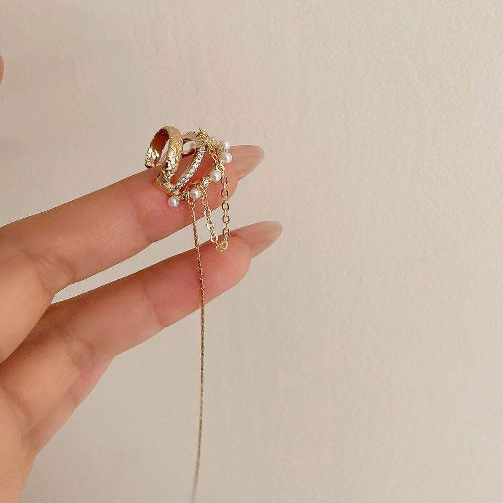 Khuyên Kẹp Vành Tai Dáng Dài Bằng Kim Loại Đính Đá Zircon / Ngọc Trai Nhiều Màu Sắc Phong Cách Hip Hop Cá Tính Cho Nữ