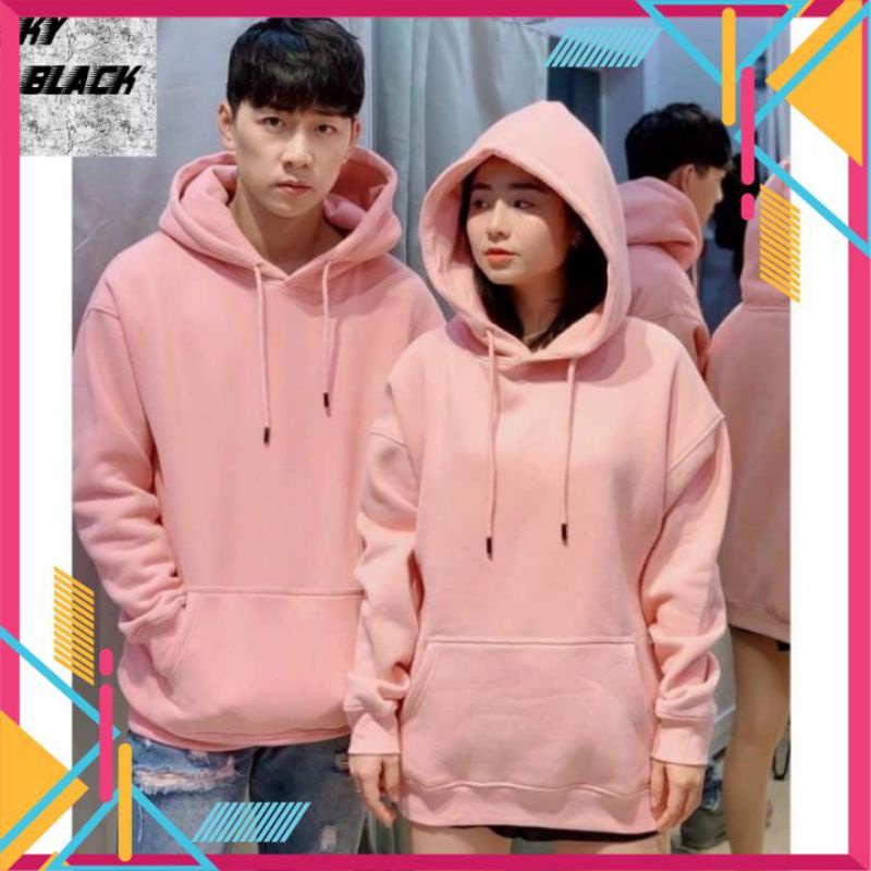 Áo hoodie unisex nỉ trơn màu hồng nam nữ size