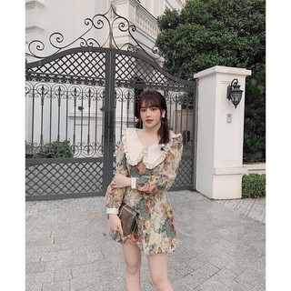 Đầm dạo phố kiểu kín đáo dáng xòe vải gấm hoa vàng Monaliss Dress
