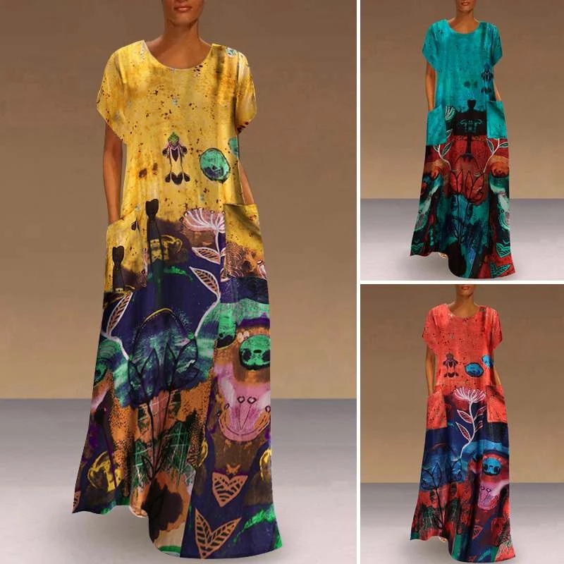Đầm Tay Ngắn Dáng Xòe In Họa Tiết Phong Cách Bohemian Cổ Điển Thời Trang Mùa Hè Xinh Xắn Cho Nữ