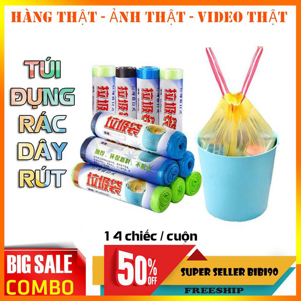 Cuộn 14 chiếc túi đựng rác có dây rút tiện lợi cho gia đình