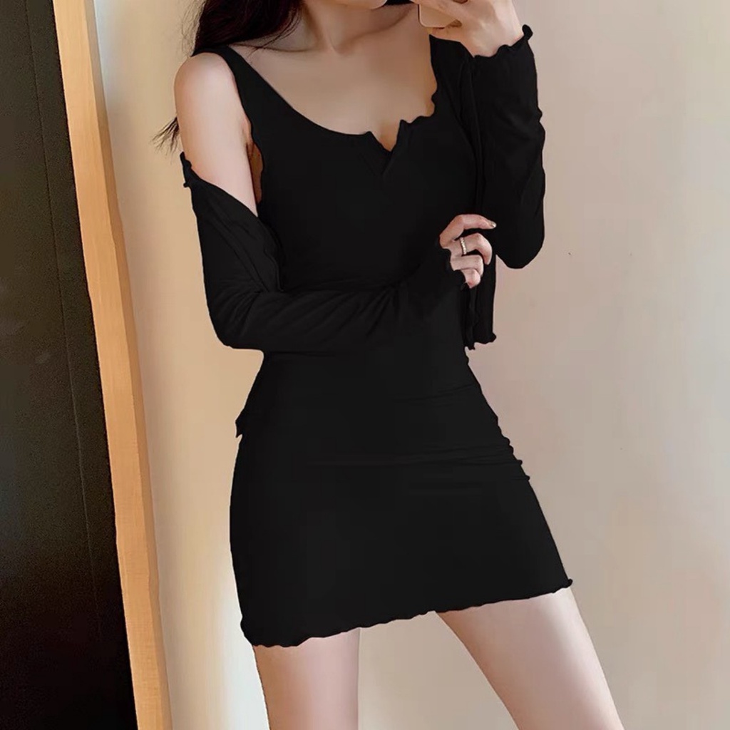 Set váy body kèm áo choàng tay dài 2 màu đen ghi siêu quyến rũ