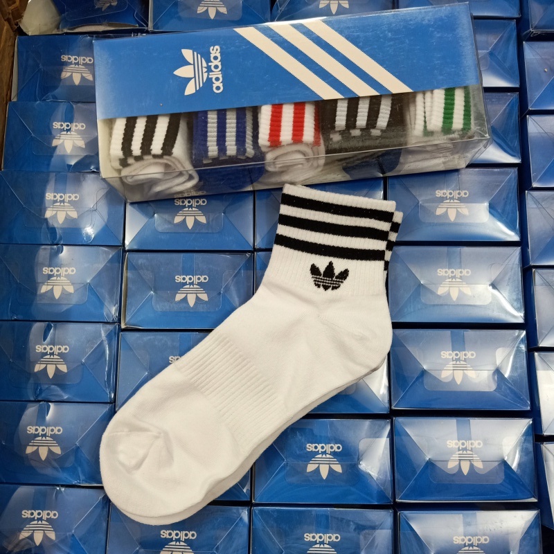 Tất Adidas Cổ Trung Nam Nữ Cao Cấp 3 Sọc Logo 3 Lá Hộp 5 Đôi Nhiều Màu