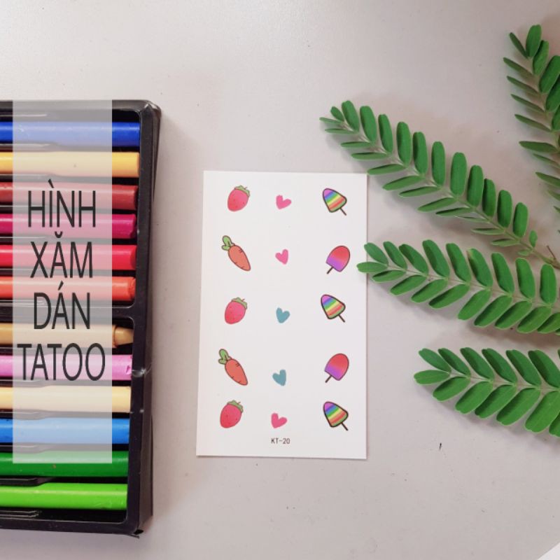 Hình xăm nhí trái tim, que kem, cà rốt kt20. Xăm dán tatoo mini tạm thời, size &lt;10x6cm