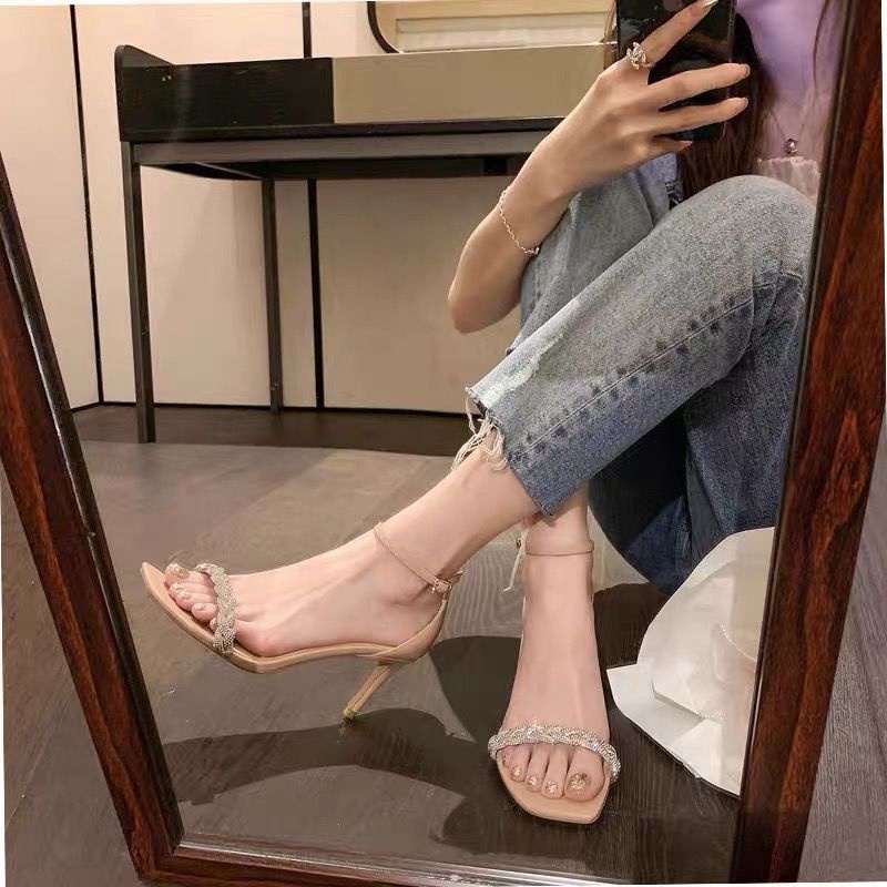 Sandal Cao Gót Hở Ngón Mũi Vuông Đính Đá Phong Cách Retro Thời Trang Mùa Hè Hàng Mới Dành Cho Bạn Nữ 2022
