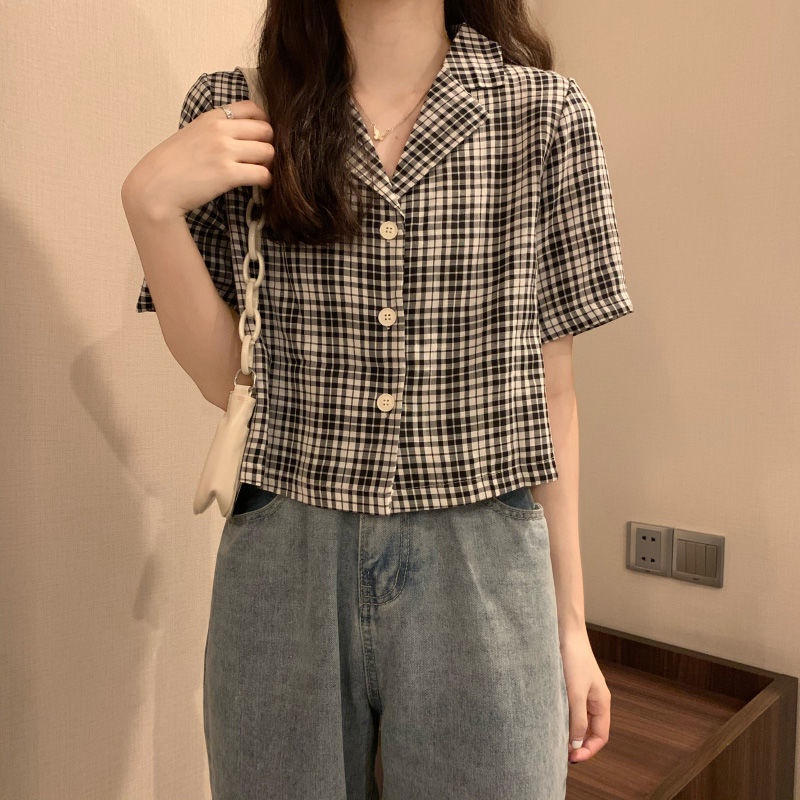 Áo Sơ Mi Ngắn Tay Kẻ Sọc Ca Rô Phong Cách Hồng Kông Thời Trang Mùa Hè Mới Cho Nữ 2022