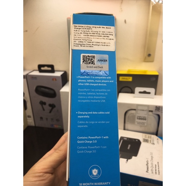 Cốc sạc, củ Sạc ANKER PowerPort+ 1 18w Quick Charge 3.0 PowerIQ chân tròn - A2013