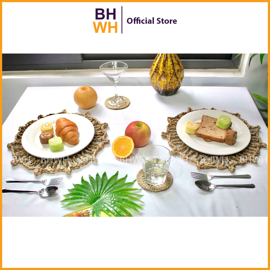 Thảm decor cói họa tiết 2 vòng trang trí bàn ăn, decor nhà cửa - BHWH