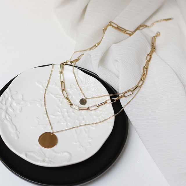 Set dây chuyền titan layer xích 3 tầng mặt tròn không gỉ WN200414