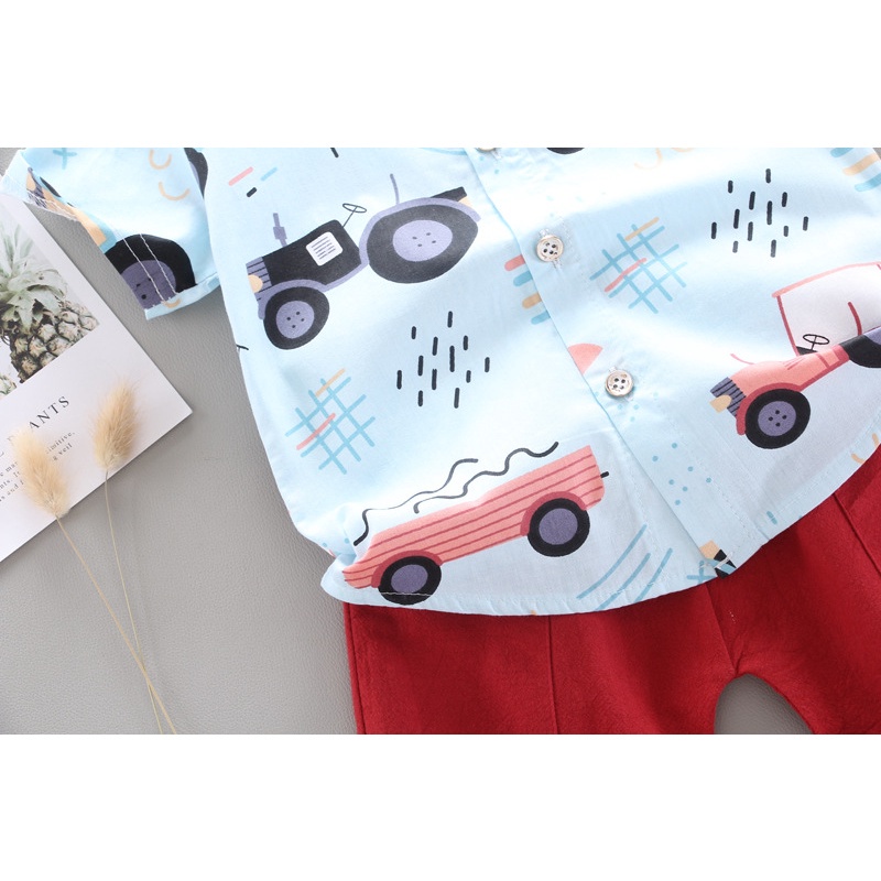 Áo sơ mi tay ngắn + quần ngắn họa tiết xe hơi hoạt hình thời trang cho bé trai từ 0-4 tuổi