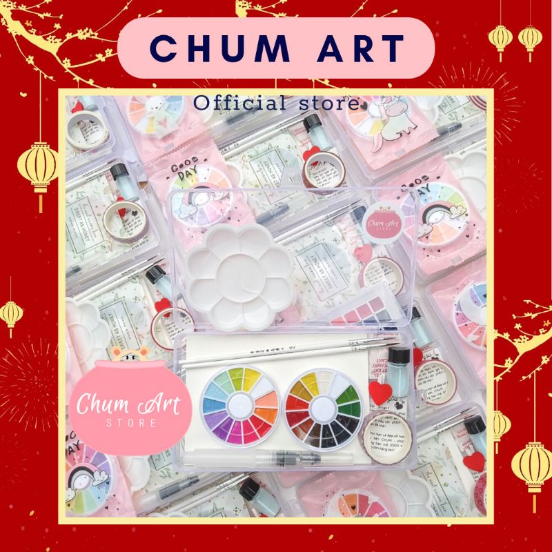 Chum art Combo hộp đầy đủ hoạ phẩm vẽ màu nước cho người mới tập, bộ màu nước