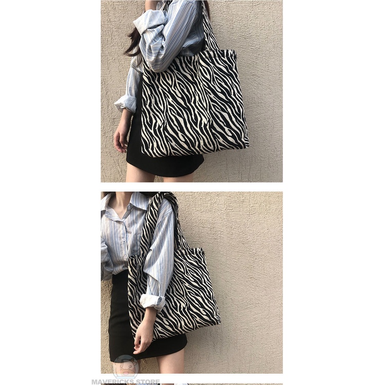 Túi Xách Đeo Vai Vải Bạt Cỡ Lớn Họa Tiết Ngựa Vằn Thời Trang Hàn Quốc Dành Cho Nữ