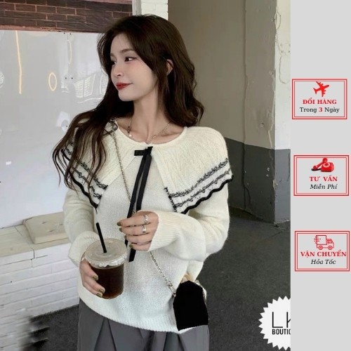 Áo len lông thỏ nữ công sở cổ nơ bèo viền ulzzang Hàn Quốc phong cách tiểu thư bánh bèo