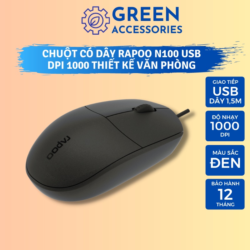 Chuột Máy Tính, Laptop Có dây Rapoo N100 USB dây 1.5m Đen Bảo Hành 12 Tháng
