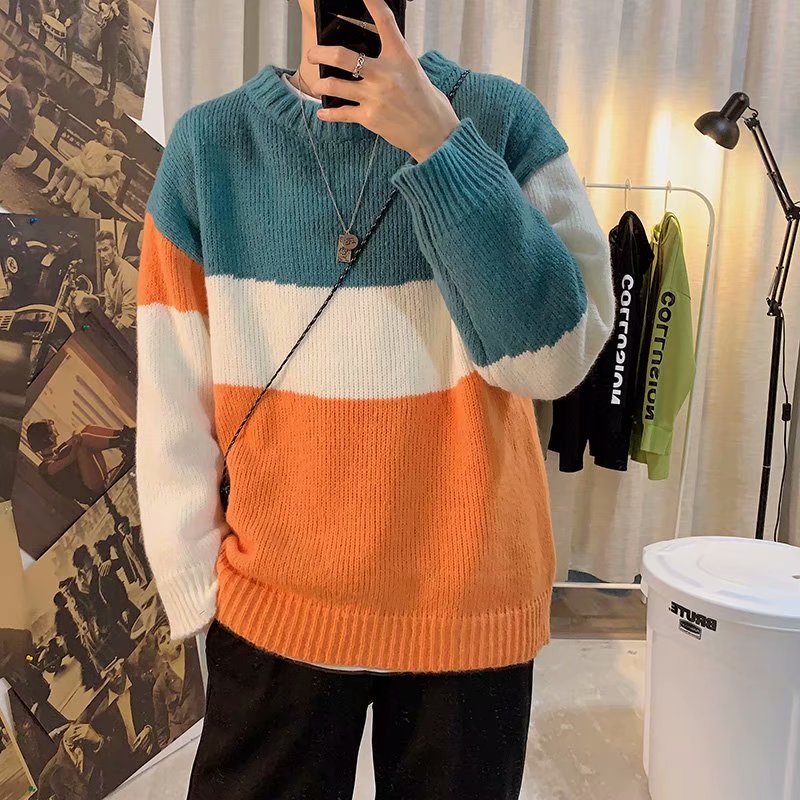 Áo Sweater Cổ Tròn Dáng Rộng Màu Sắc Tương Phản Cho Nam Giới