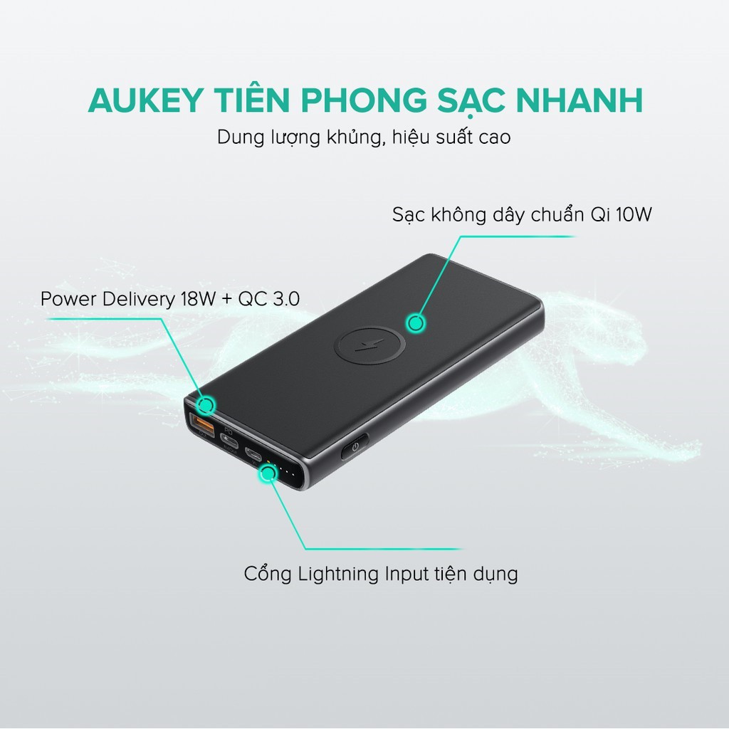 Pin Dự Phòng Kiêm Sạc Không Dây 10W AUKEY PB-Y32 10.000mAh, Sạc Nhanh PD 18W, QC 3.0 - Chính hãng