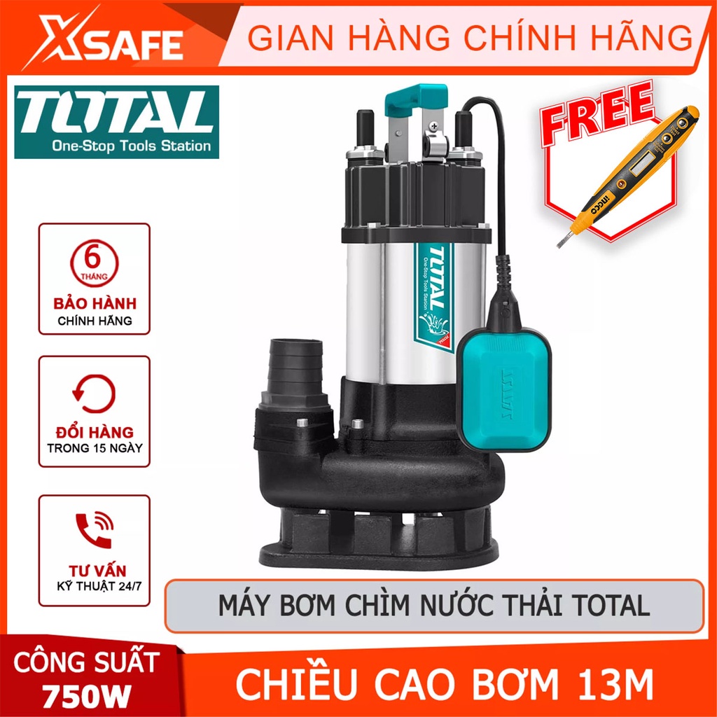 Máy bơm chìm chất thải TOTAL TWP77501 Máy bơm nước thải 750W, vỏ bơm thép không gỉ bền bỉ, chiều cao bơm tối đa 13m