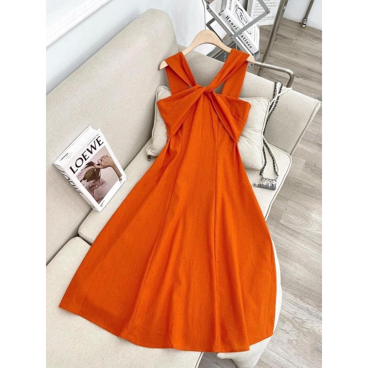 Váy xòe chéo cổ xoắn cổ xoắn ngực xanh cam hồng