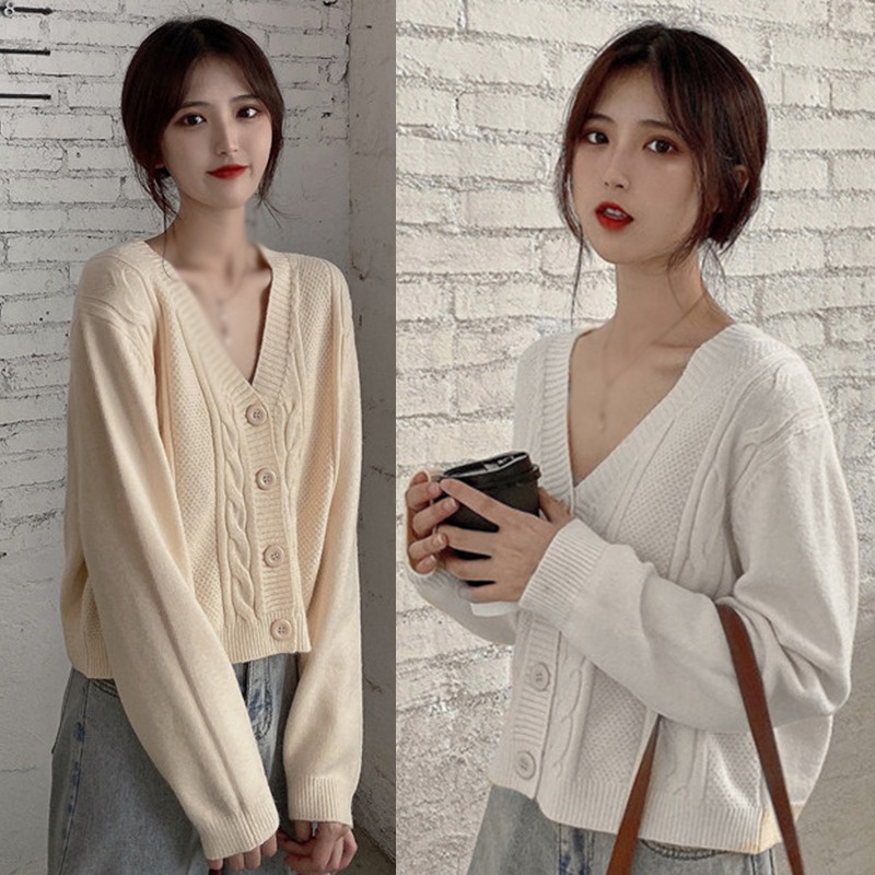 Áo Khoác Cardigan Dệt Kim Tay Dài Thiết Kế Cổ Chữ V Thanh Lịch