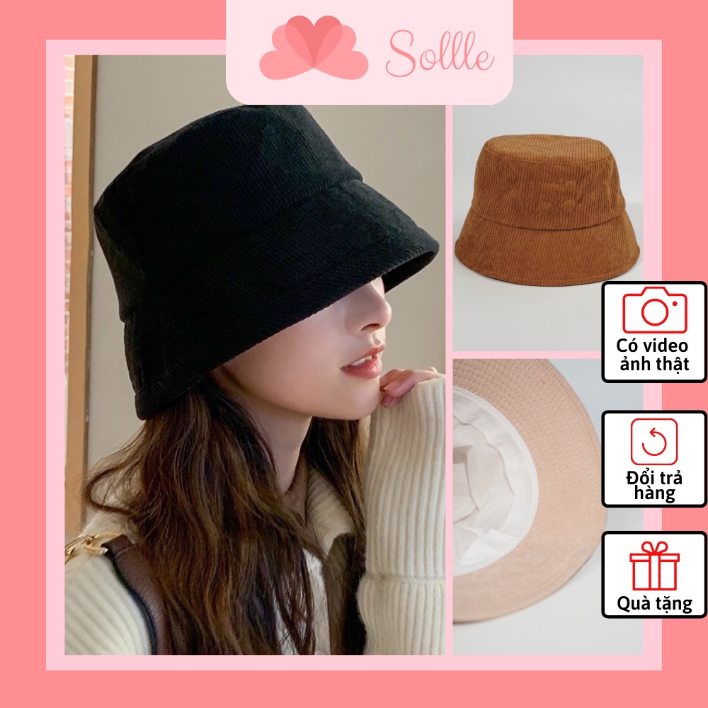 Mũ bucket vành cụp unisex nón tai bèo trơn nỉ nhung gân tăm nhiều màu nam nữ Sollle