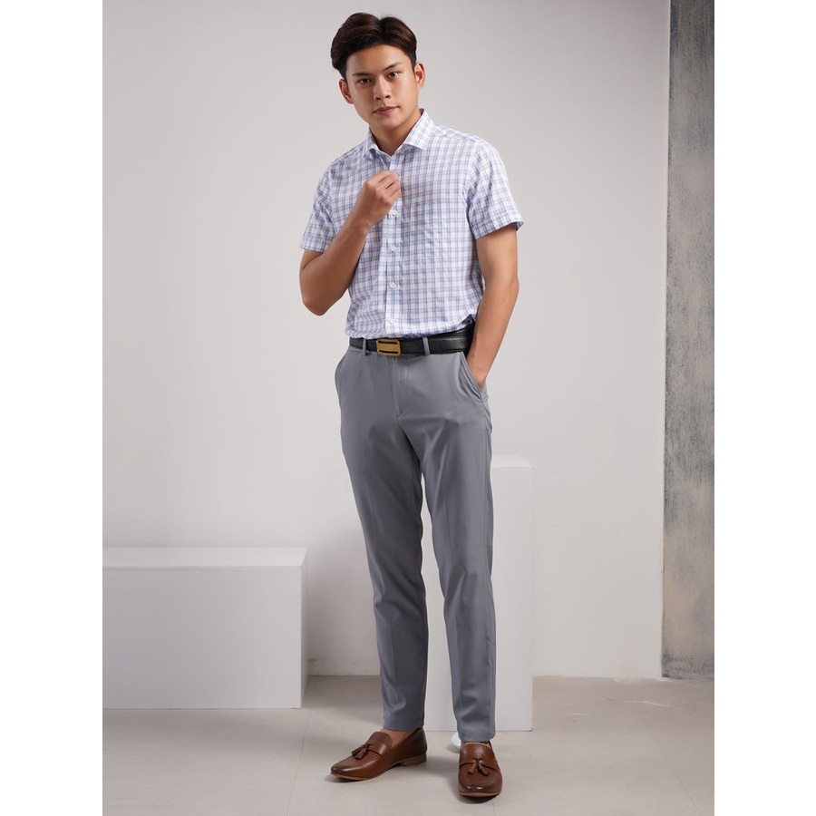 Áo sơ mi nam ngắn tay ARISTINO ASS104S8 kẻ caro xanh ghi,  bamboo sợi tre, tà bằng, dáng suông nhẹ reguler fit