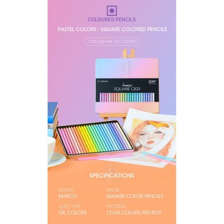 |SẴN| SQUARE COLORED PENCILS - PASTEL COLORS : MÀU CHÌ MARCO SQUARE C820 12 / 24 MÀU