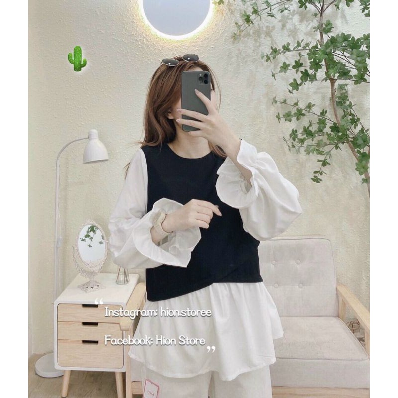 Áo Babydoll tay phồng phối đen trắng siêu xinh