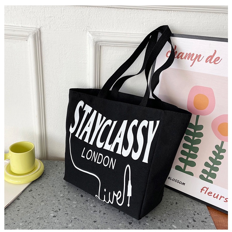 Túi Tote Vải Canvas Stayclassy Nữ phong cách Ulzzang Có Khóa Kéo chất liệu dày dặn