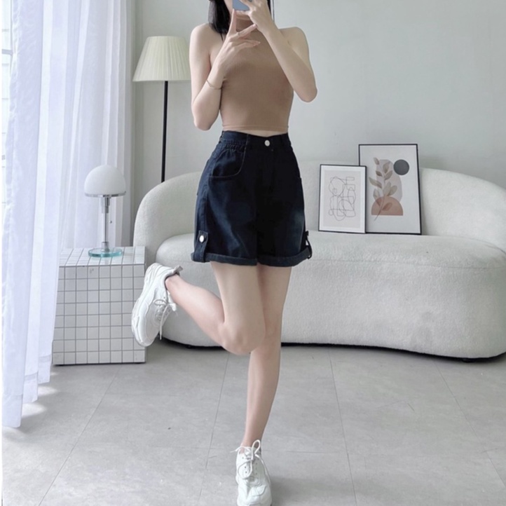 Quần short jeans nữ, quần bò nữ lưng cao lật lai phối Bass phong cách Ulzzang chất vãi mềm mại