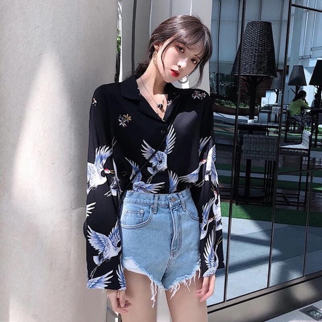 Áo sơ mi họa tiết chim cò