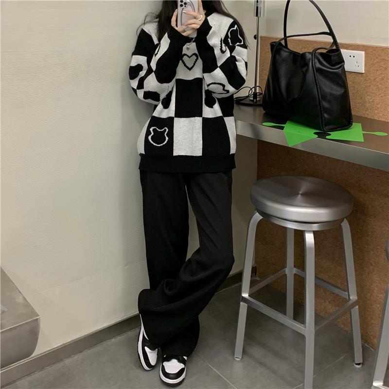 Áo sweater cổ tròn dáng rộng in hình gấu phong cách Hàn Quốc