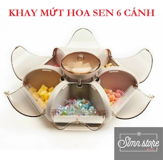 Khay mứt tết hình Hoa Sen, hộp mứt tết 2 tầng hình cánh hoa xinh xắn, có rãnh đựng điện thoại tiện lợi.