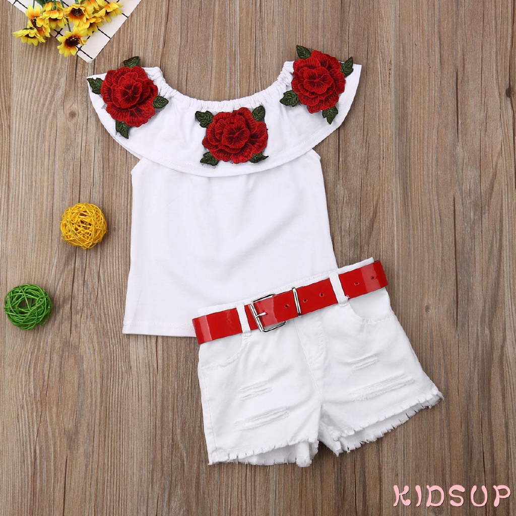 Set áo hoa trễ vai nhún bèo + quần short denim phối rách hợp thời trang mùa hè cho bé gái