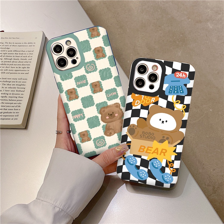 Ốp lưng Iphone Gâu nâu nền caro ốp iphone 13promax 6 6plus 7 plus 8 x xr xsmax 11 promax 12 pro max cạnh vuông