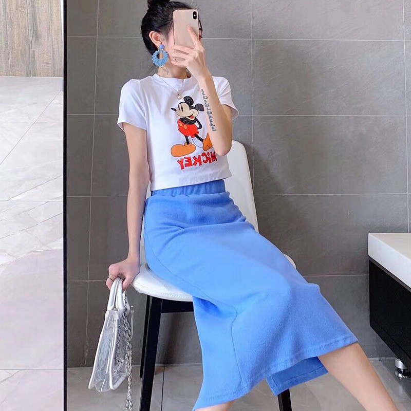 Set áo thun tay ngắn &amp; váy midi in hình chuột Mickey