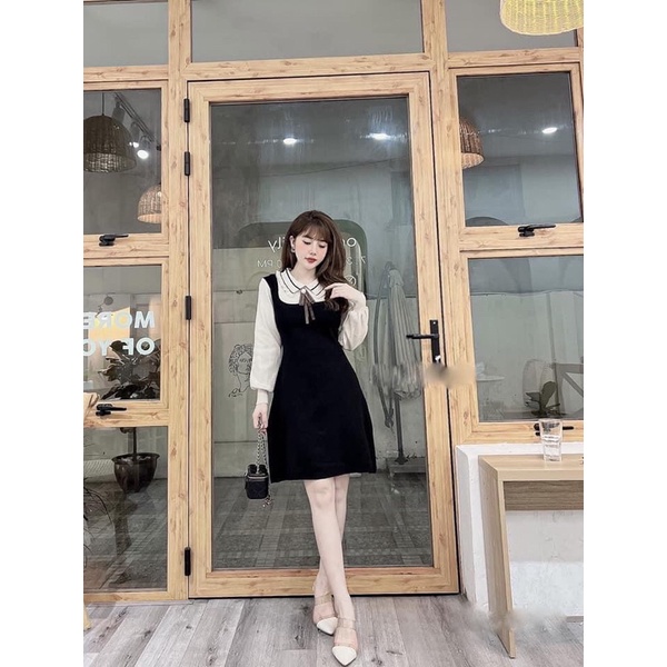 TH-VÁY LEN CHỮ A CỔ BÈO ĐÍNH NƠ PHỐI TAY CHO NỮ