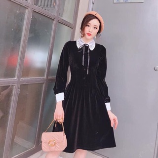 Đầm nhung nữ cổ sen phối ren, chun eo ( Còn Đỏ )