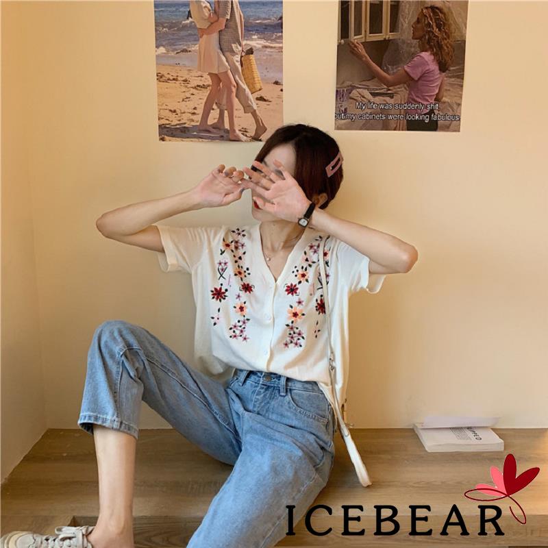 Áo Nữ Ngắn Tay Cổ Chữ V Thêu Hoa Thời Trang