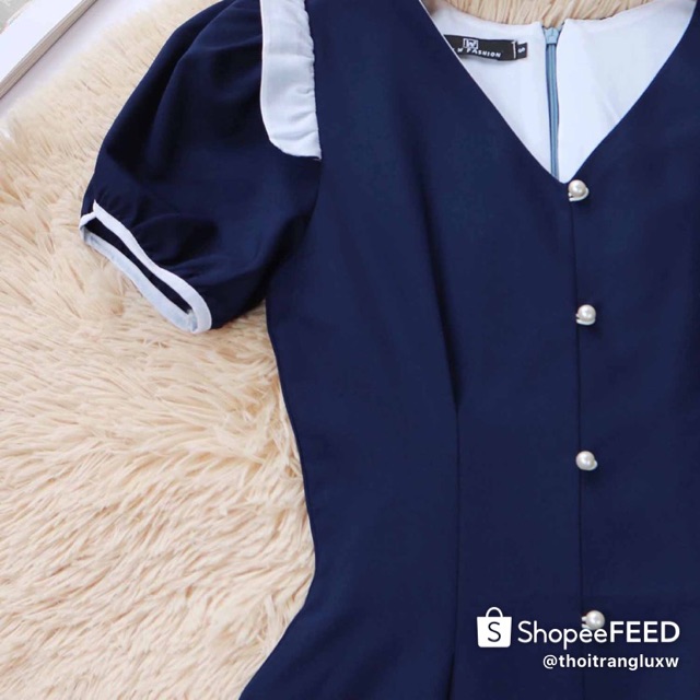 Đầm công sở thiết kế cao cấp tay ngắn màu xanh đen che bụng tốt vải mềm mát thoải mái không nhăn - Lux W | BigBuy360 - bigbuy360.vn