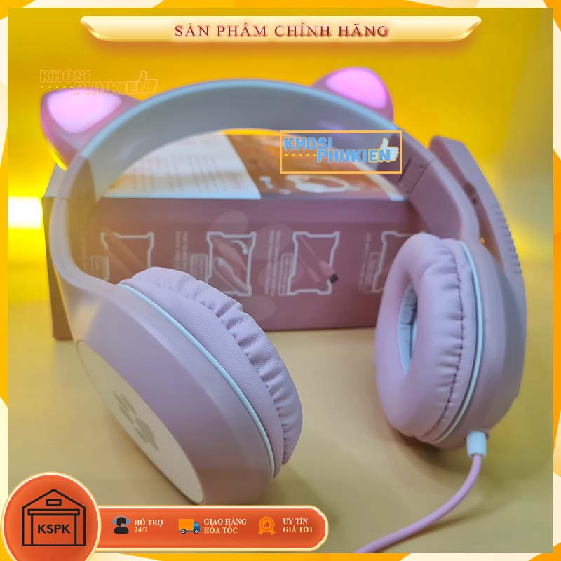 [Ảnh thật] Tai Nghe Tai Mèo có LEd Có Mic - Tai nghe màu xanh và màu hồng cực kute