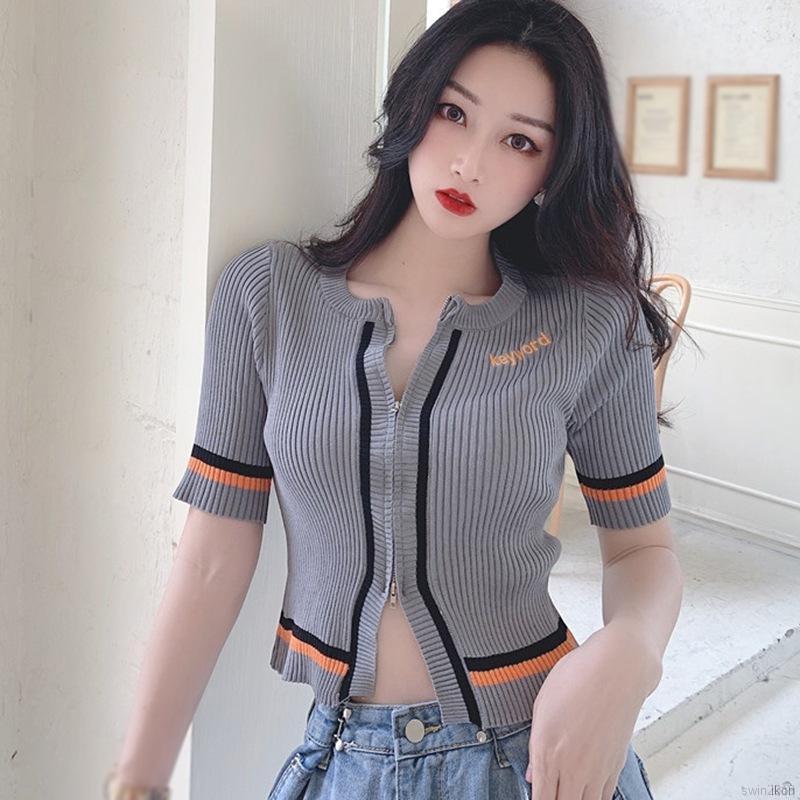 Áo Thun Nữ Dệt Kim Tay Ngắn Cổ Tròn Có Khóa Kéo Hợp Thời Trang áo nữ