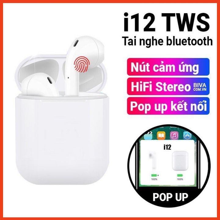 Tai Phone Bluetooth Nghe Nhạc - Đàm Thoại i12 5.0 CAO CẤP Âm Thanh Hay Cảm Ứng Cực Nhạy Tăng Giảm Âm Lượng