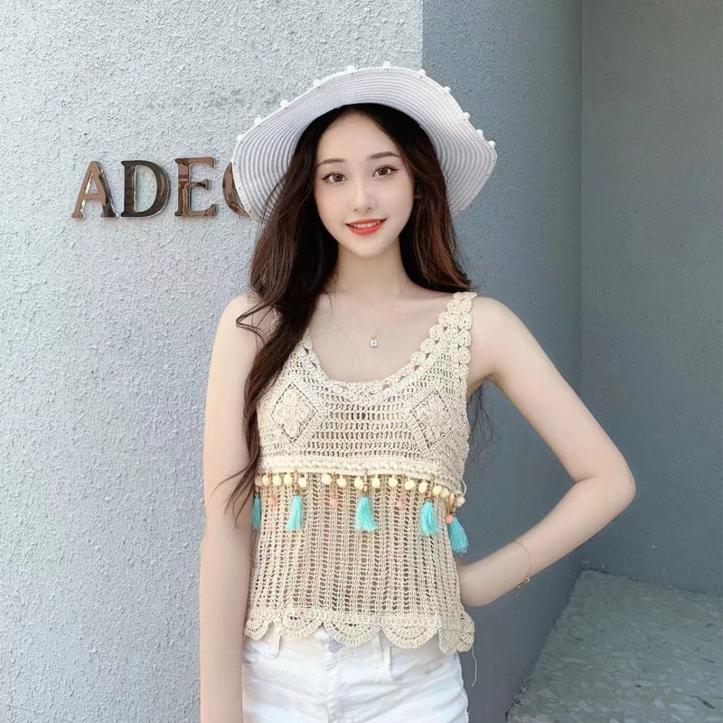 Áo Dệt Kim Sát Nách Hở Cổ Phối Tua Rua Và Bóng Lông Thời Trang Đi Biển Cho Nữ