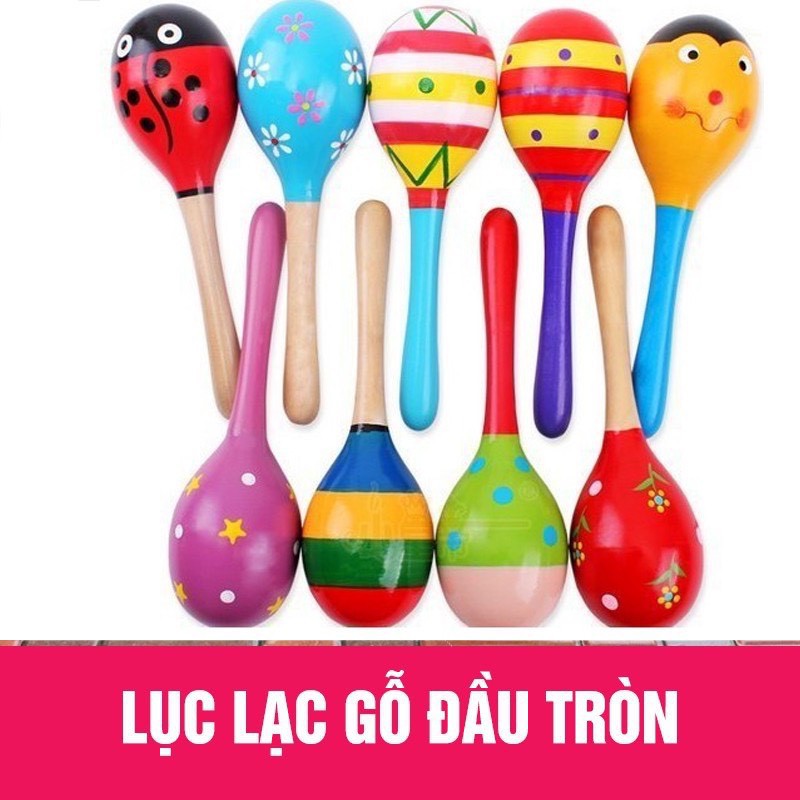 Lục lạc tay cầm gỗ đầu tròn, xúc xắc nhỏ đồ chơi cho bé