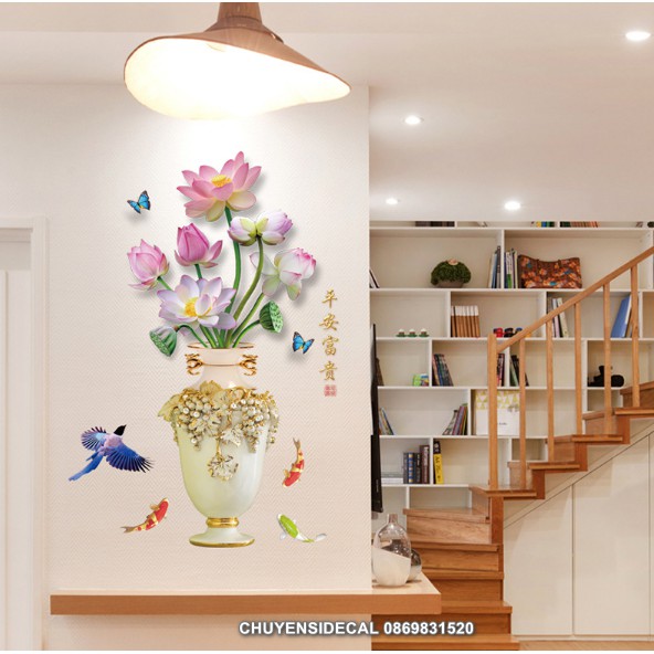 Decal dán tường - Bình Hoa Sen Hồng 3D 01